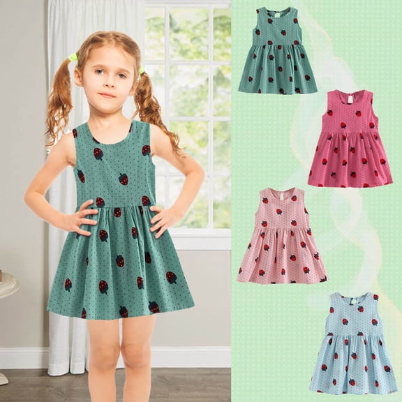 Trendfront Girls Strawberry Tank Dress for Girls Summer 2-7 Years Crewneck Sleeveless Fresh Fruit Printed Pattern Princess Beach Sundress
