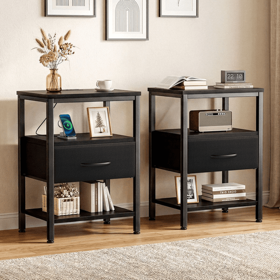 Set of 2 Black Nightstands with Charging Station, USB Type-C Ports & Power Outlets, Fabric Drawer Metal Frame Bedside Tables for Bedroom