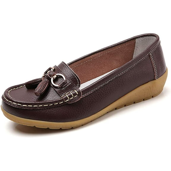 Women Loafers Leather Rubber Sole Slip On Walking Flats Casual Moccasin Boat Shoes