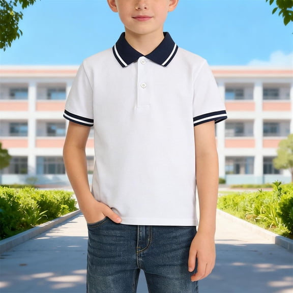 Juslio Boy Striped Shirts Button Front Collar Casual Short Sleeved, Tops Comfortable Breathable Pullover T Shirts Sizes 2-18