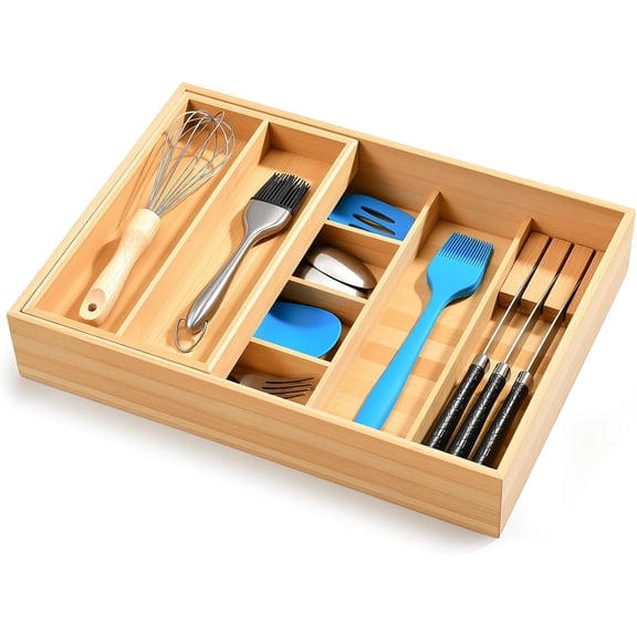 Silverware Drawer Organizer with Sliding Top Tray, Double Layer Wooden Utensil Organizer with Removable Knife Holder, Space-Saving Cutlery Organizer for Kitchen Drawers