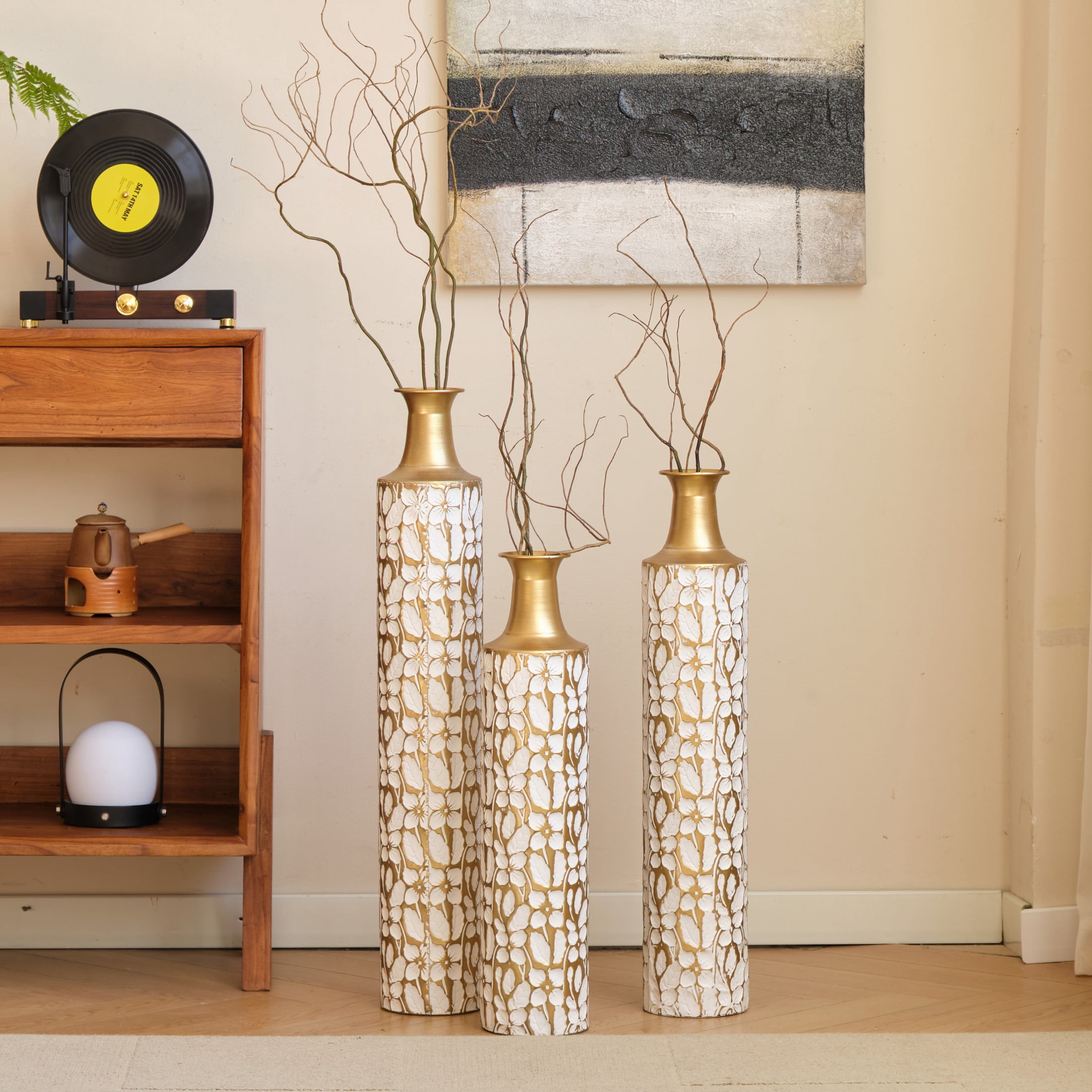 Noble House 32.3", 28", 24" Metal Floor Vase Set of 3, Leaf Pattern, Gold + White