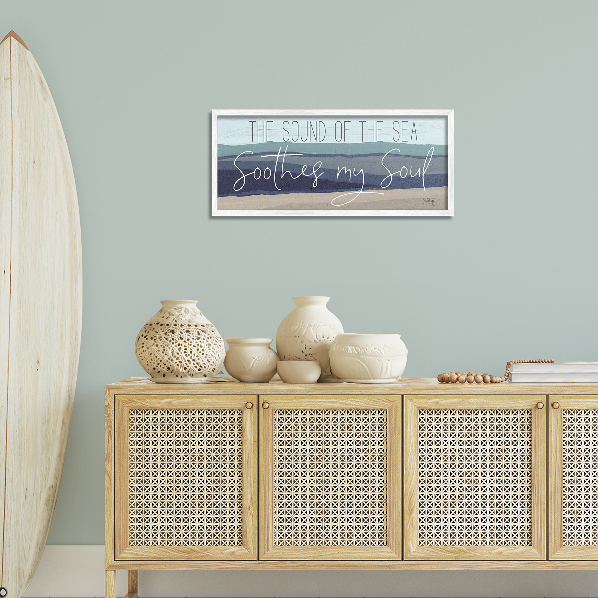 Stupell Industries Sound Of The Sea Coastal Painting White Framed Art Print Wall Art, 30 x 13