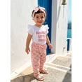 thumbnail image 5 of Loicainy Baby Toddler Girl Summer Outfits 3 6 12 18 Months Letter Print Short Sleeve Round Neck Romper Bow Pattern Pants Headband 3 Pcs Clothes Set, 5 of 9