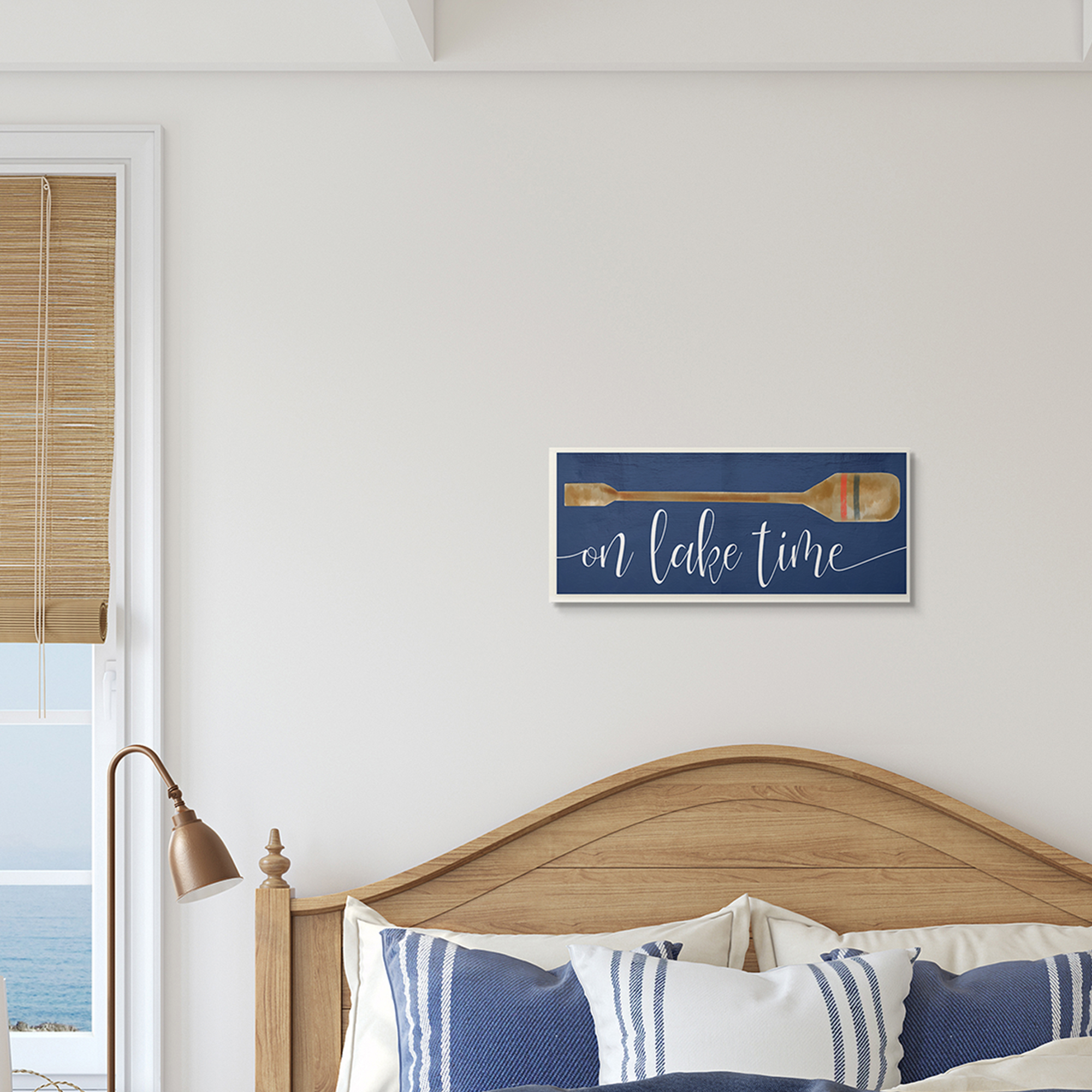 Stupell Industries On Lake Time Phrase Boat Oar over Blue Inspirational Painting Unframed Art Print Wall Art, 7 x 17