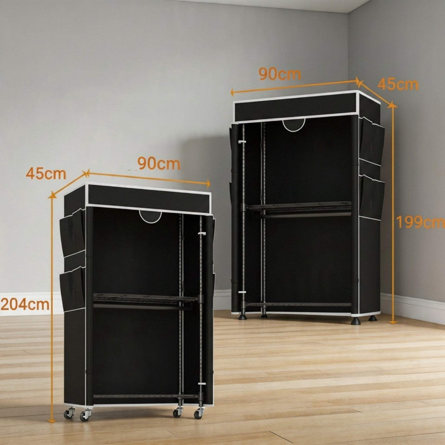 Sailvan Heavy Duty Clothing Rack with Cover, Portable Closet Wardrobe with Double Hanging Rods and Wheels, 3-Tier Storage Shelves,Black