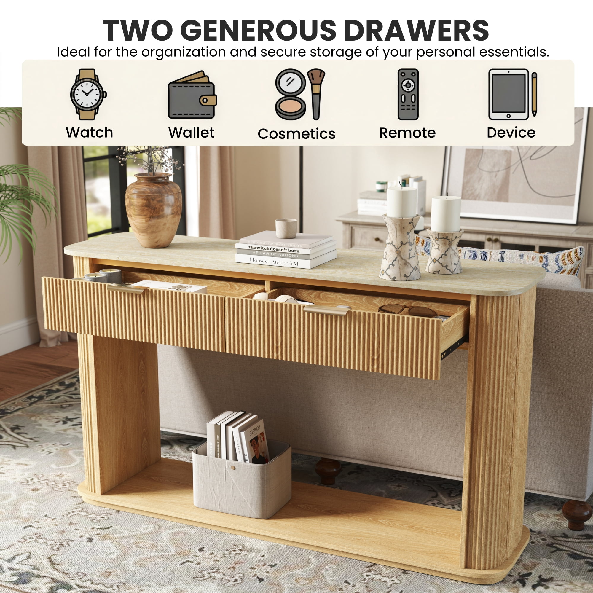 Garitin Console Table and Fluted Entryway Sofa Table 63 Inch, Modern Hallway Accent Table with Faux Travertine Top and 2 Drawers, Natural Wood