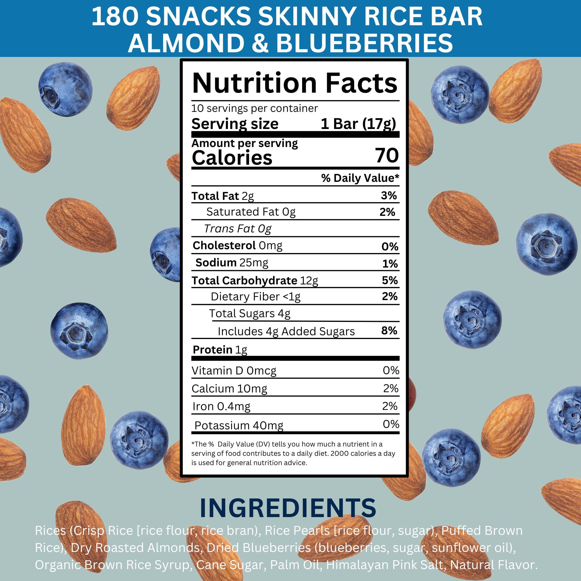 180 Snacks Skinny Rice Bar Variety Pack of 3, 30 Total Low Calorie Gluten Free Snack Bars, Almond and Cranberries Chocolate Chips Blueberries