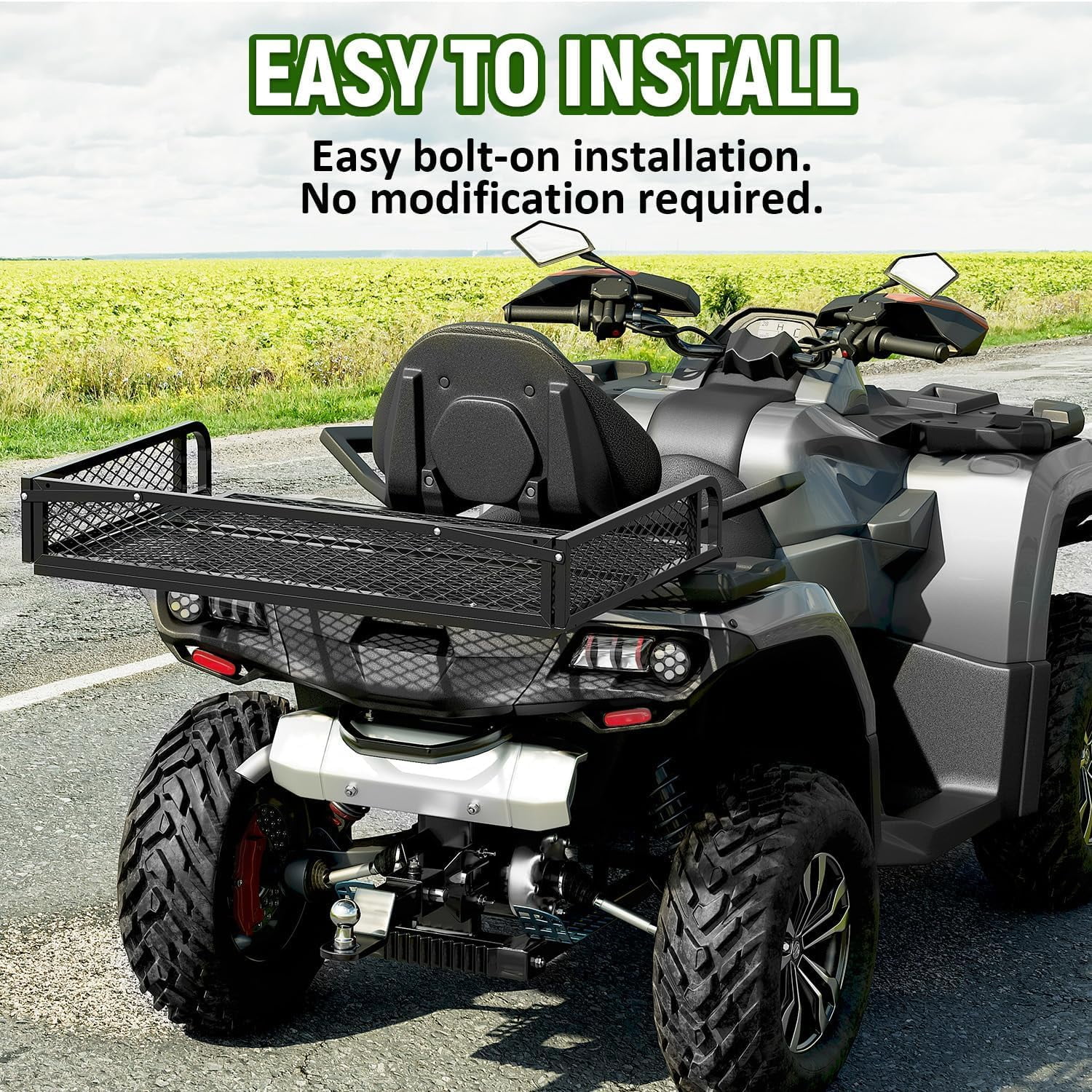 KOJEM 42" Rear Cargo Basket Universal ATV UTV Black Steel Storage Rack Rear Goods Mesh Rack