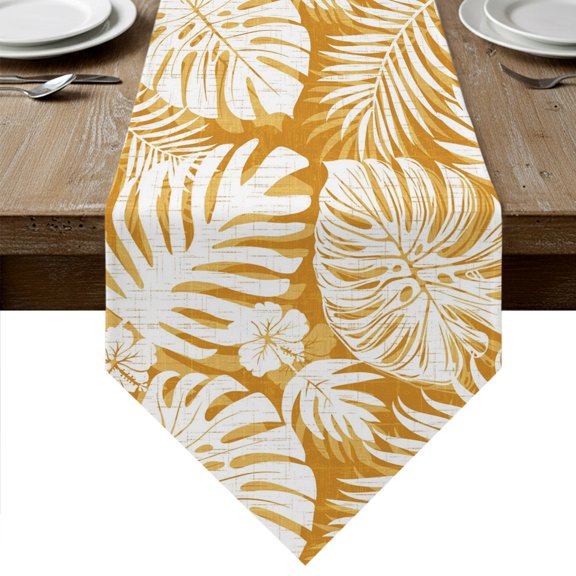 Palm Tree Monstera Table Runner Linen Burlap Table Runner 108 Inches Long Yellow Leaf Boho Botanical Tropical Dresser Scarves for Kitchen Island Coffee Dining Room Party Holiday Decor 13"x108"