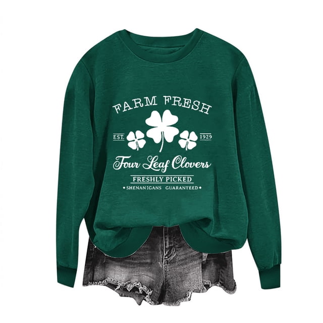 UPPADA 2024 T-Shirt de la Saint-Patrick pour Femmes Manches Longues Mignon Imprimé Col Rond Vert Trèfle Chandail Décontracté Ample