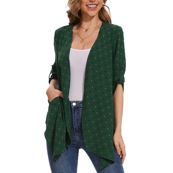 Uvplove Cardigan for Women Open Front 3/4 Sleeve Swiss Dots Cardigans Lightweight Casual Cover Up Dark green-L
