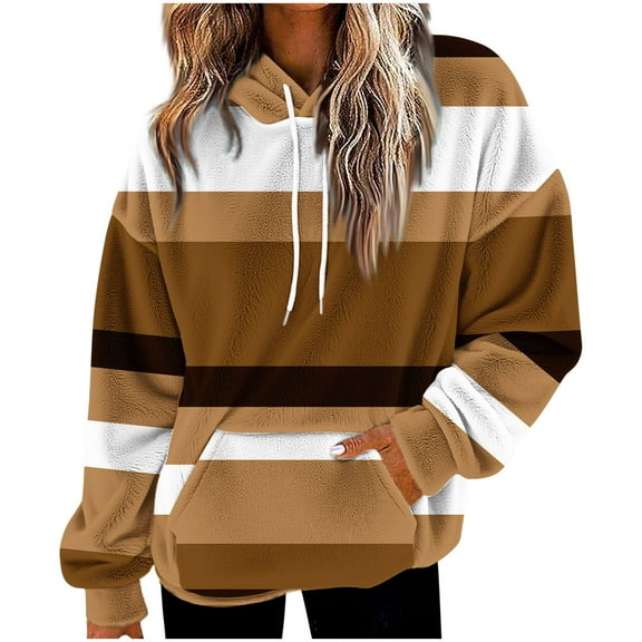 SwiftWear Women's Striped Fleece Drop-Shoulder Hoodie - Casual Pullover Soft Plush Loungewear with Pocket for Fall Winter Khaki