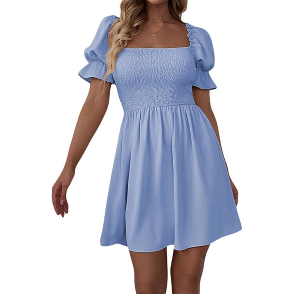 Txlixc Vestido de manga corta de mujer, cuello cuadrado, pliegue de pliegue Txlixc moda