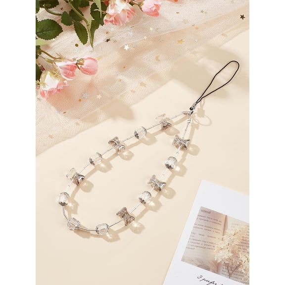 1Pcs Bowknot Plastic Mobile Straps Clear Mobile Phone Chain Phone Lanyard Jewelry for Women Camera Keychain Purse Pendant Decor 228mm bead: 7~11x2~14x2~7.5mm