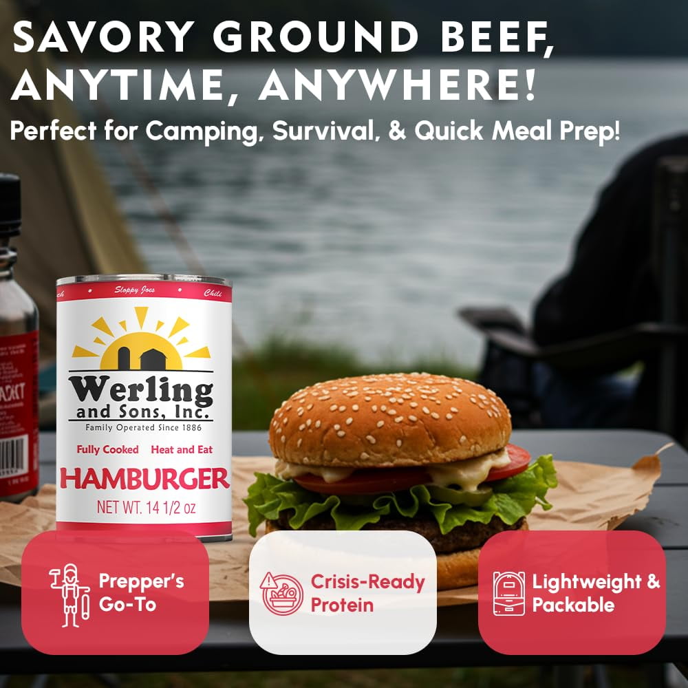 Werling & Sons Canned Hamburger 14.5 Oz – Fully Cooked Ground Beef, Heat & Serve | 5-Year Shelf Life | Ideal for Emergency, Survival, Camping & Quick Meals | Pack of 6