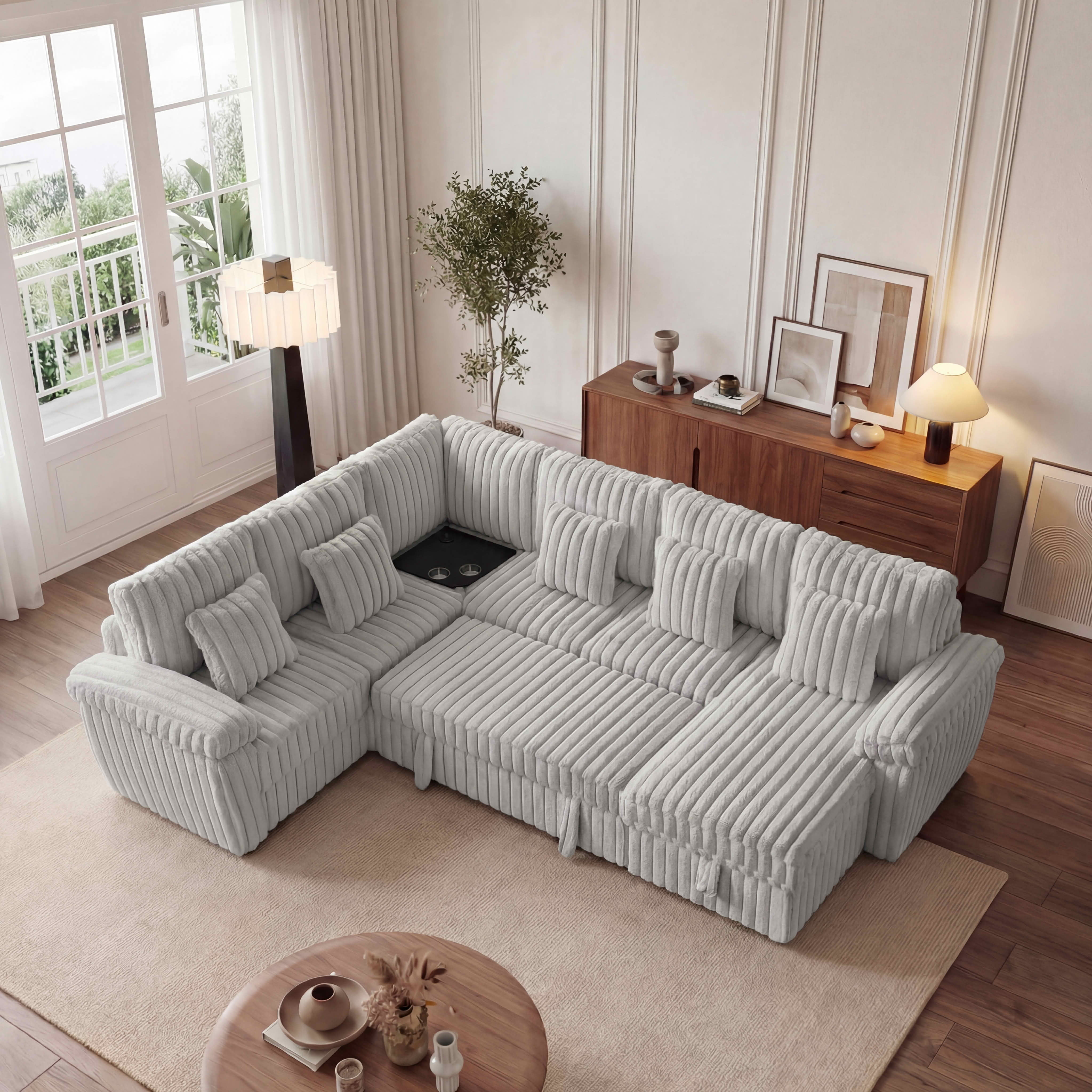 MAYEERTY 103-Inch Light Gray Corduroy U-Shape 7-Seat Pull-Out Sofa Bed, Super Soft Modular Sectional with Storage, USB Ports & Built-In Coffee Table for Living Room