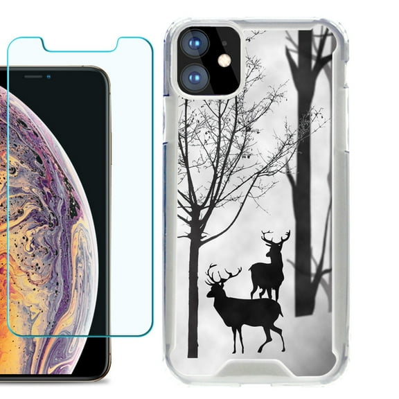 For Apple iPhone 11 Case, Hybrid Bumper Phone Case, with Tempered Glass Screen Protector, by OneToughShield ® - Forest Deer