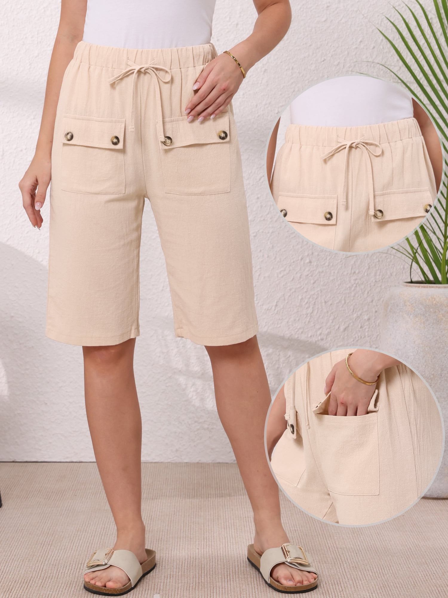 DARING DIVA Women's Elastic Waist Drawstring Shorts with Pockets X-Large Apricot