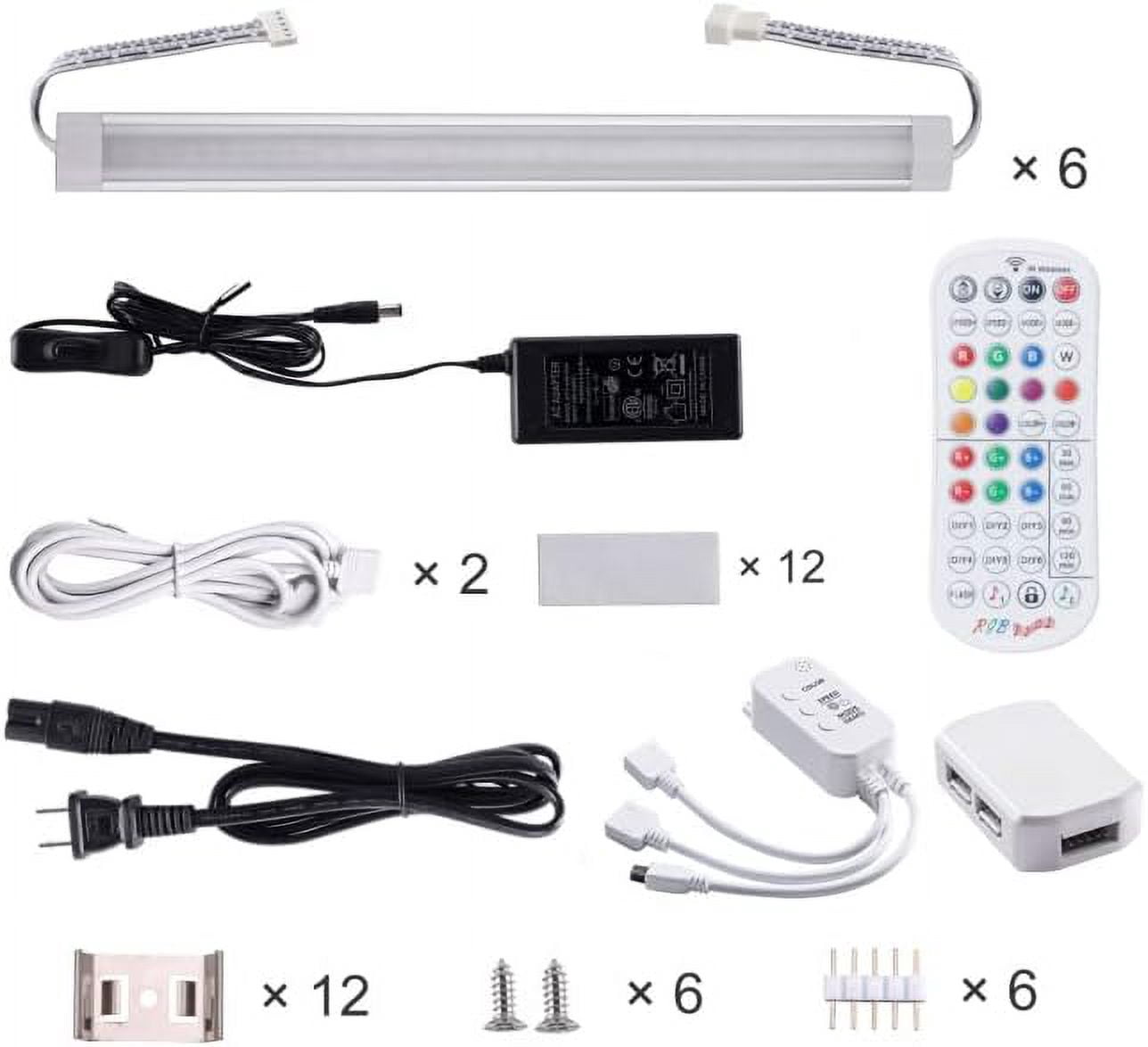 Linkable RGB Under Cabinet Lights - 6 Pack LED Closet Lighting with Remote and APP Control, 24V, 18W (RGB + Warm White) for Kitchen and Closet Use