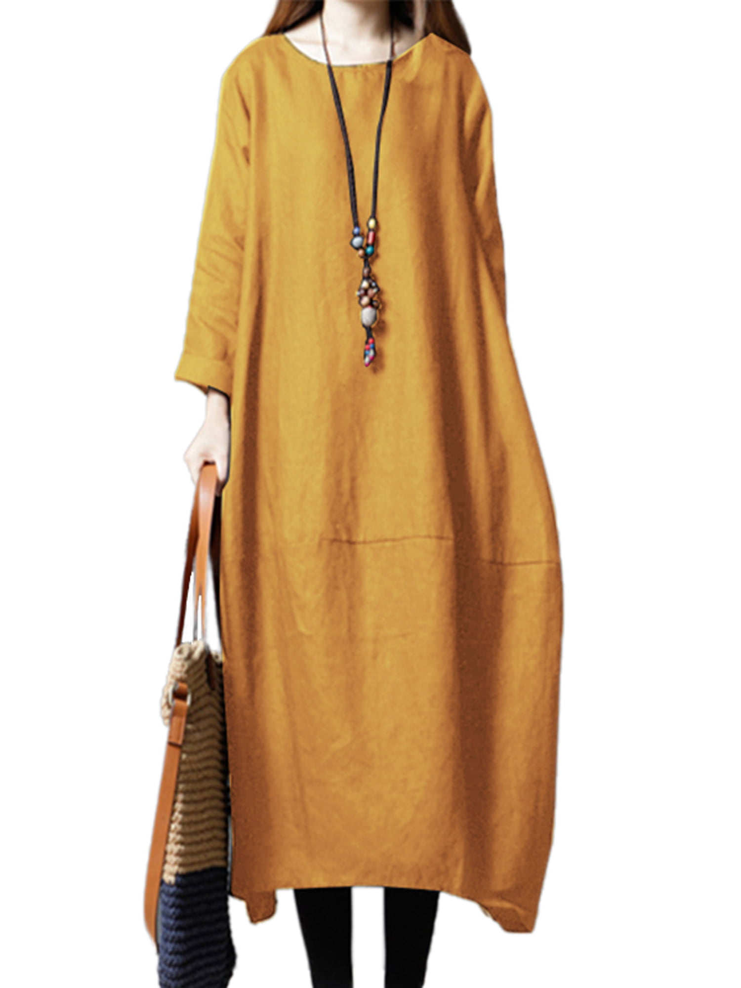 Women Baggy House Dress Casual Solid Loose Long Dress O-Neck Tank Sleeve Dress Sundress with Pocket Plus Size S-5XL