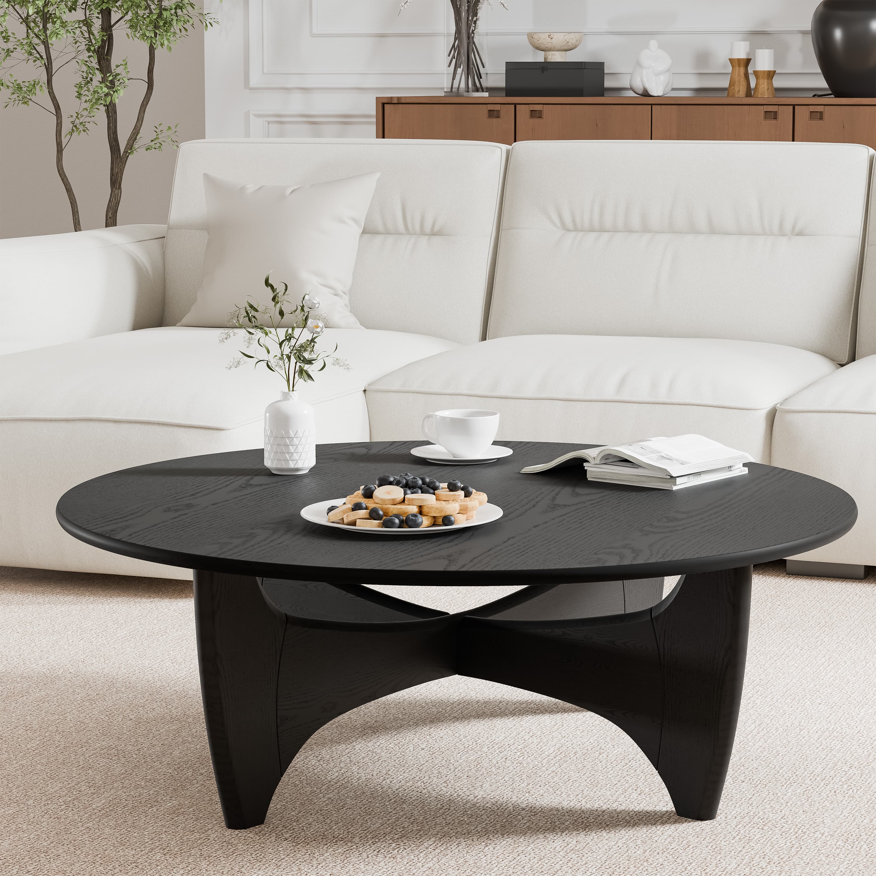 MAYEERTY 38"x38"x16" Solid Wood Coffee Table Round Sofa Table,Black
