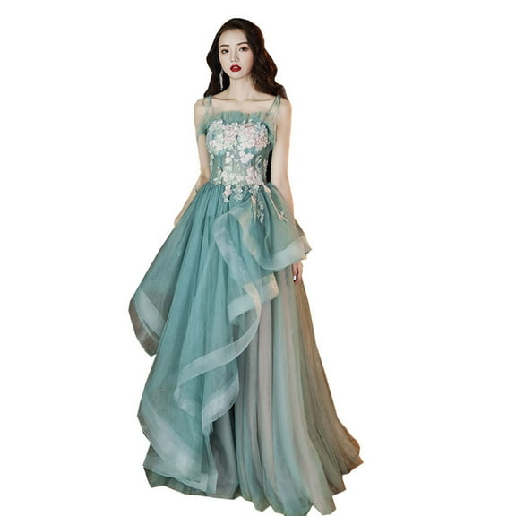 YM YOUMU Women Spaghetti Straps Prom Dress Long Tulle Lace Appliques Ball Gowns Evening Party