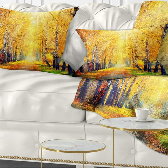 Designart Yellow Autumn Trees in Sunray - Landscape Printed Throw Pillow - 12x20