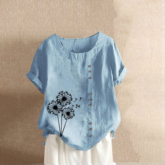 CALAFEBILA T Shirts for Women Cotton Linen Tshirt for Women,Womens Fashion Floral Print Shirts Summer Short Sleeve Crew Neck Button Plus Size Women's Tops