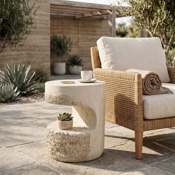 Christopher Knight Home Outdoor Round MGO Accent Side Table, Travertine-Look Coastal Design, Beige