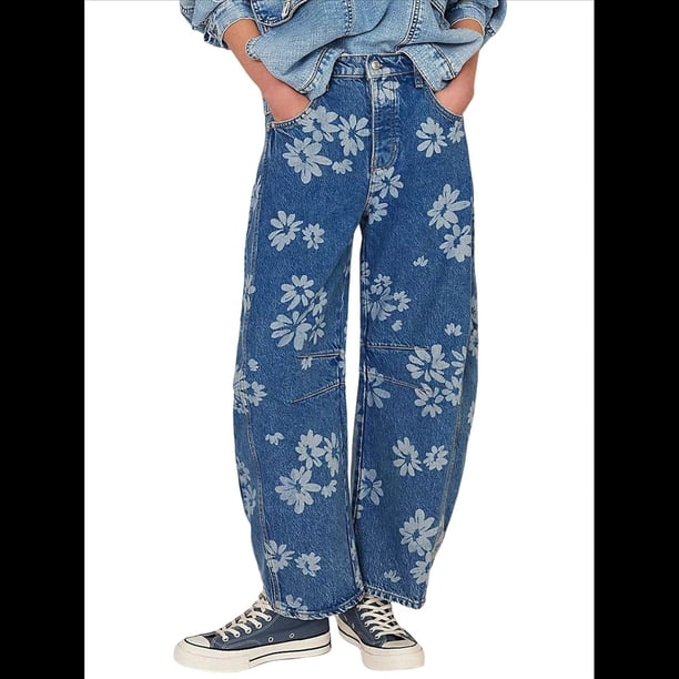 Vaqueros Rectos, Holgados, Informales, de Tiro Medio y Pierna para Mujer, Estilo Boyfriend Y2K, Pantalones Cortos de Mezclilla Flores Azules XXL