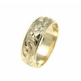 thumbnail image 1 of 14K yellow gold hand engraved Hawaiian plumeria scroll band ring smooth edge 6mm size 13, 1 of 4
