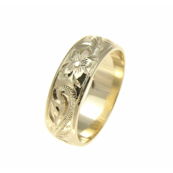 14K yellow gold hand engraved Hawaiian plumeria scroll band ring smooth edge 6mm size 13