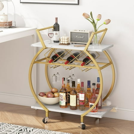 Gold Round Bar Carts with Wine Rack and Wheels,2 Tiers Modern Metal Round Wine Cart,Rolling Home Serving Cart,Industrial Mobile Storage Kitchen Trolley for Kitchen, Bar, Living Room