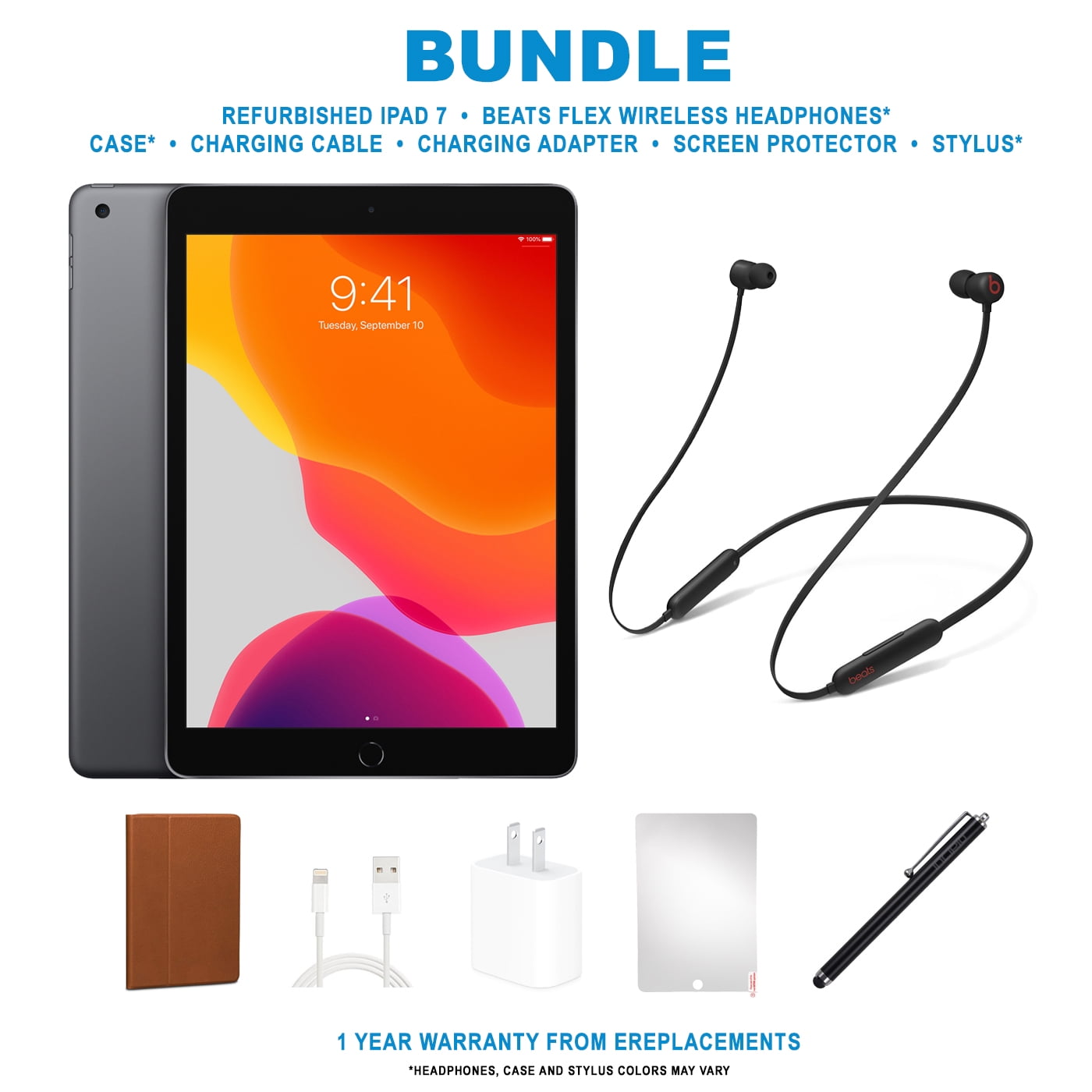 Restored Apple iPad 7 (2019) Bundle, 32GB, Space Gray, Wi-Fi, Beats Flex, Case, Tempered Glass, Stylus Pen, Charging Accessories