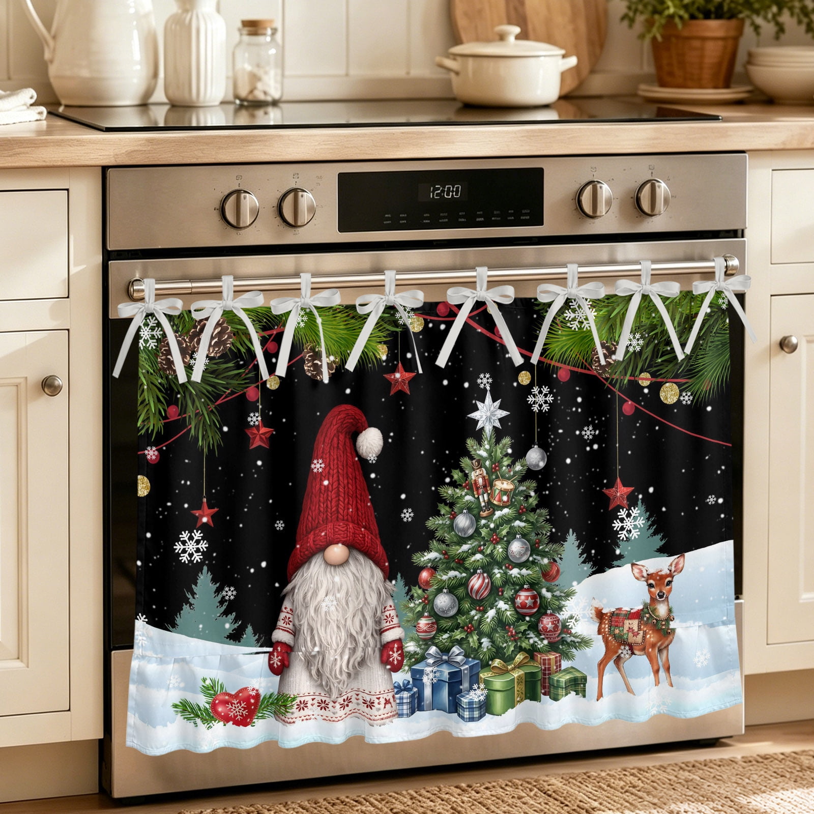 Oven Curtain for Kitchen Christmas Tree Gnome Elk Stove Curtain With Ruffled Trim Dishwasher Curtains Winter Snowflake Pine Branches Oven Skirt 27 x20