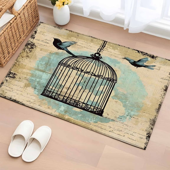 2x3 Ft Entryway Area Rug, Teal Vintage Birds Kitchen Rug Runner Washable Floor Mat, Retro Birdcage Watercolor Non Slip Indoor Door Mat Throw Carpet for Bathroom Living Room Bedroom