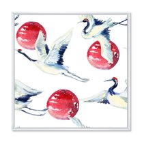 Designart 'Red Full Moon With Asian Crane Bird' Traditional Framed Canvas Wall Art Print