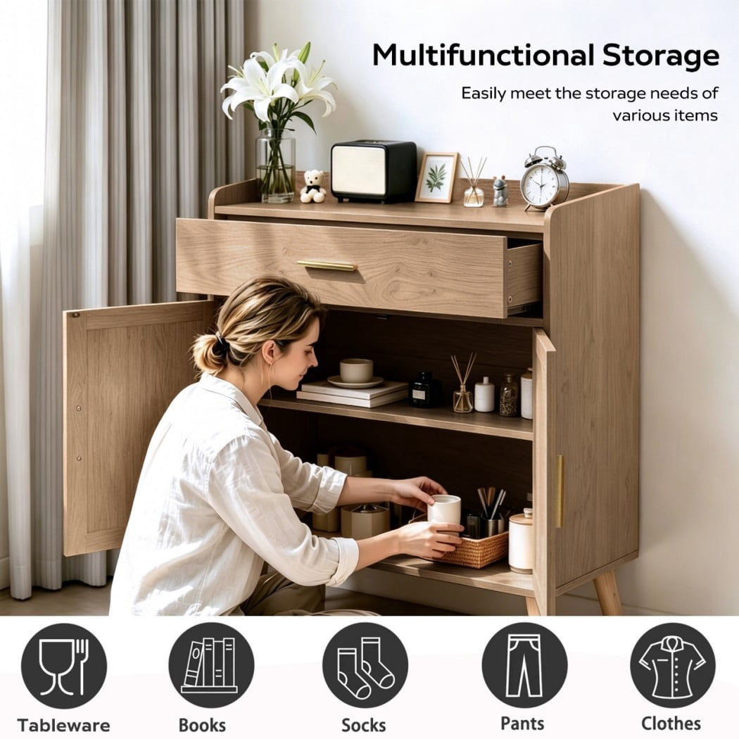 Farmhouse Buffet Cabinet, Kitchen Storage Cabinet with 1 Drawer & 2 Doors, Sideboard Cabinet with Solid Wood Feet for Dining Room, Living Room & Entryway, Natural