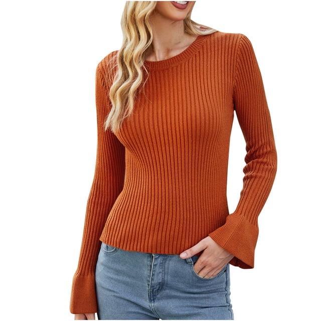 Chandail pour Femmes Tendance Chandail d'Hiver Uni à Manches Longues Chandails Tricotés Col Rond Hauts Chandail à Manches Longues pour Femmes P-178 Rouge-A S