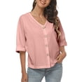 thumbnail image 1 of Mujeres Abajo Camisas De Lino Botón Delantero Manga Corta Blusa Con Cuello En V Color Puro Versión Suelta Rosa S, 1 of 5