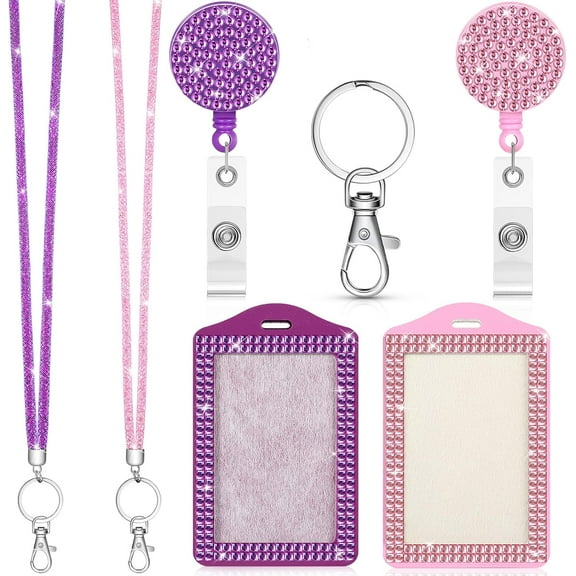 2 Set Rhinestone Bling Lanyards for ID Badges Holder Crystal ID Card Holder Retractable Lanyard with Metal Clasp Key Ring for Women Office School Travel Pink, Purple