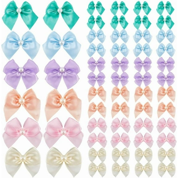 72Pcs 6 Colors 2.5x1 Inch Mini Satin Ribbon Mini Pastel Bows Small Colorful Tiny Bowknot with Peal Gift Box Rainbow Ornament Decoration for DIY Cheer Pins Clothespins Hair Accessories diy