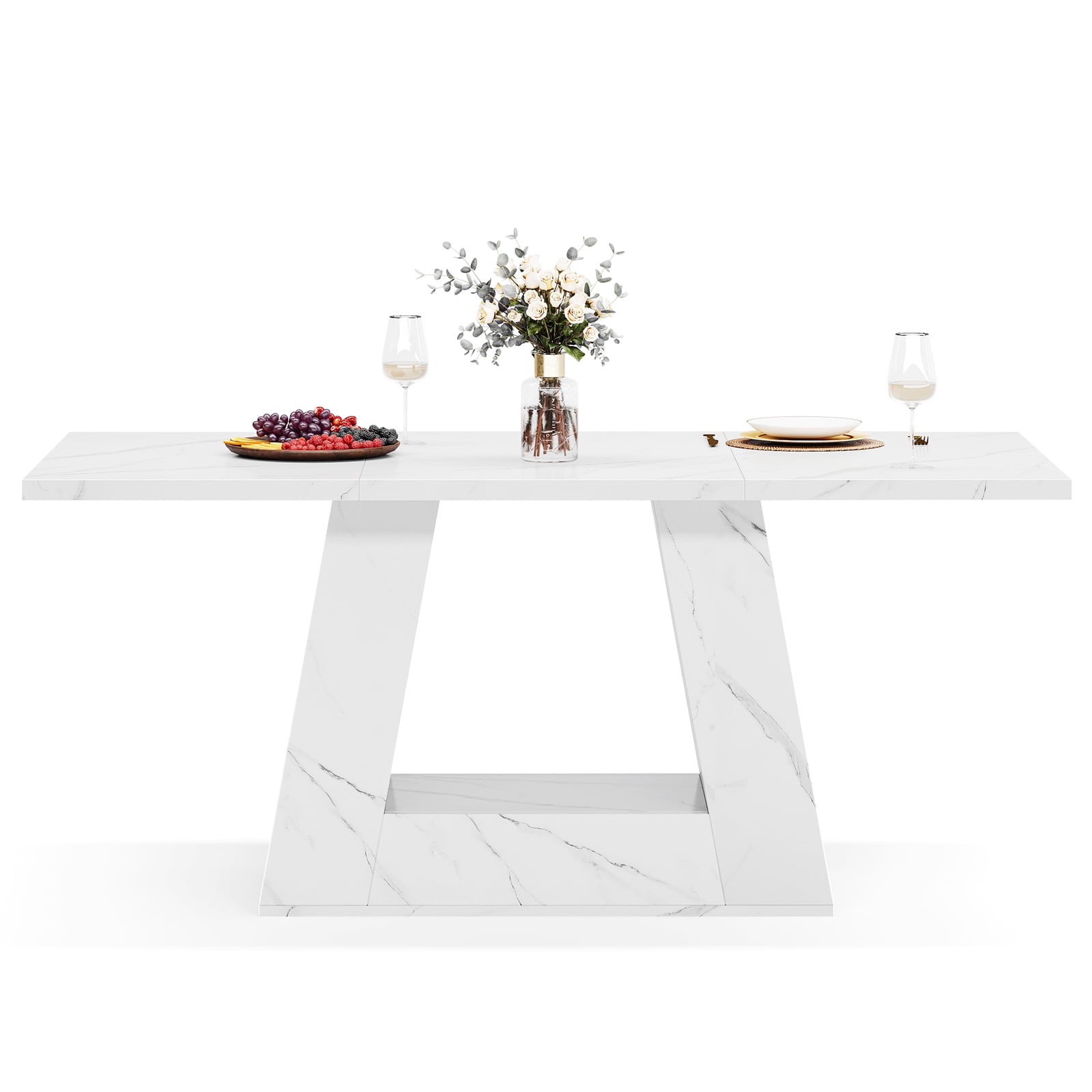 Fnova 63" Modern Long Dining Table for 6 people, Rectangular Geometric Artificial Marble Kitchen Table for Dining Room, White