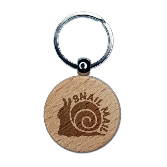 Snail Mail Round Keychain Charm Tag - Engraved Wood