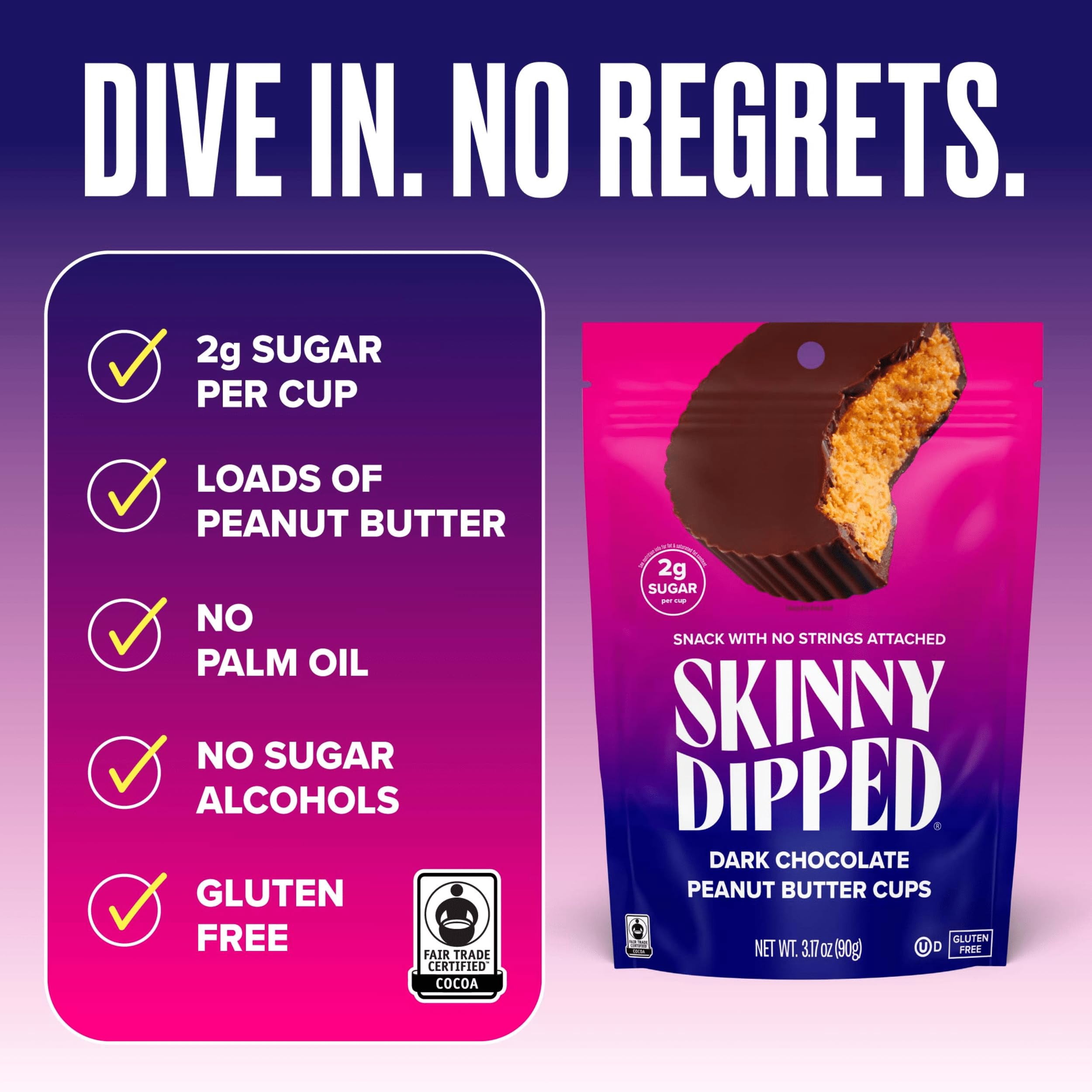 SkinnyDipped Dark Chocolate Peanut Butter Cups, 2g Sugar per Cup, Keto Friendly, No Palm Oil, Gluten Free, 3.2oz, 4 Pack (24 Cups Total)