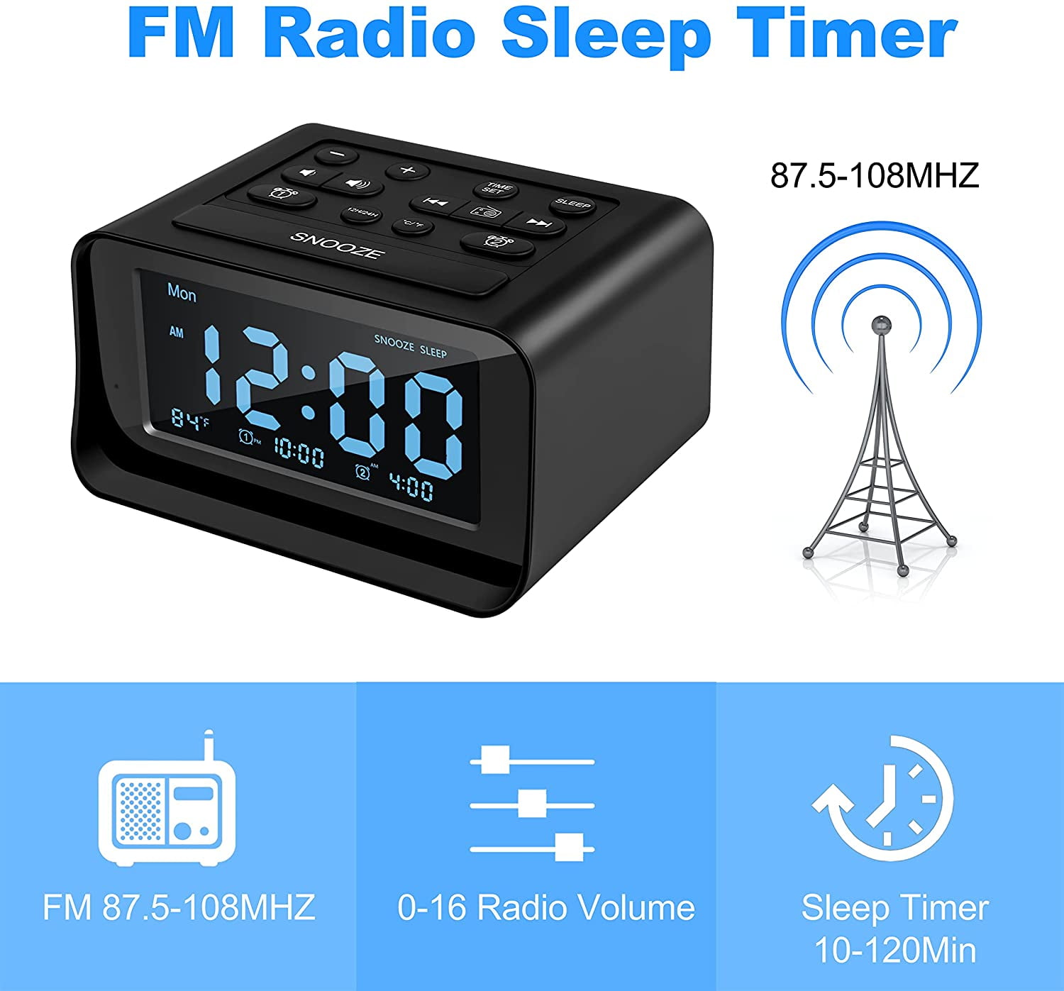 Sleep Timer Dual Alarms with 20 Sounds Kids Bedside Desk Compact Triangle Clock Best for Bedroom USB Charger Adjustable Dimmer/Volume LOBKIN Digital Alarm Clock FM Radio Office 