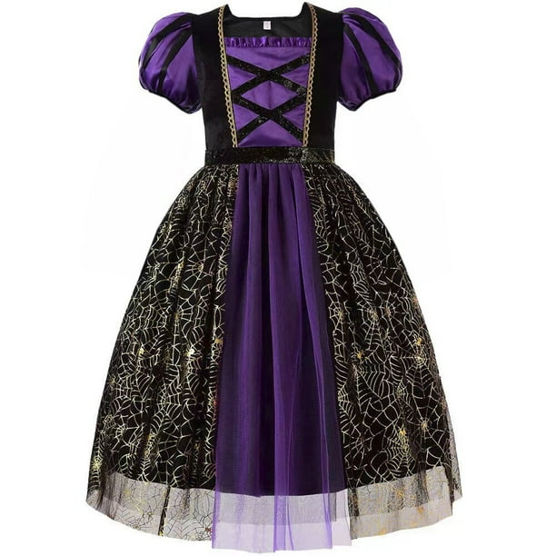 Vestido de bruja púrpura de manga larga para Halloween para niñas, disfraz de princesa bronceadora con estampado de telaraña, vampiro, fiesta de disfraces para niños Fivean unisex