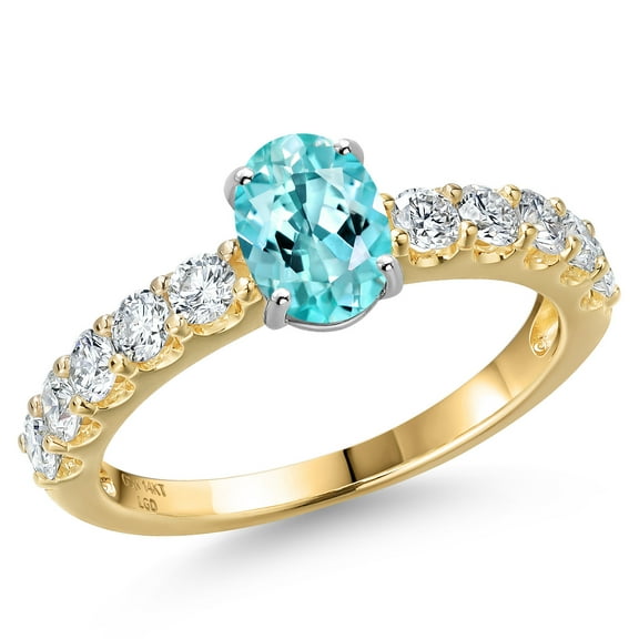 Gem Stone King 14K Two Tone Gold Blue Apatite and Lab Grown Diamond Engagement Ring for Women | 1.47 Cttw | Oval 7X5MM | Gemstone Birthstone | Size 9