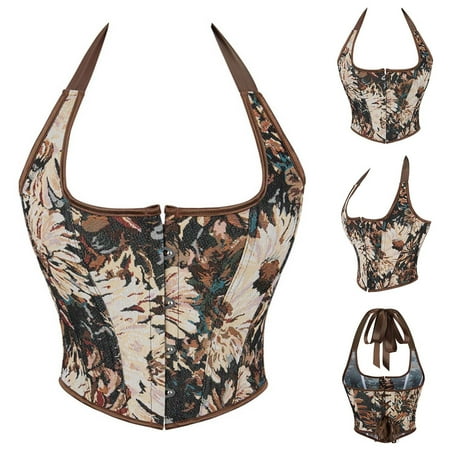 BiZtdJrK Womens Halter Corset Top Sleeveless Crop Bustier Tops Vintage Floral Corset Bustier Lingerie Tie Back Shapewear Vest Top Prime By Hour Khaki XXL